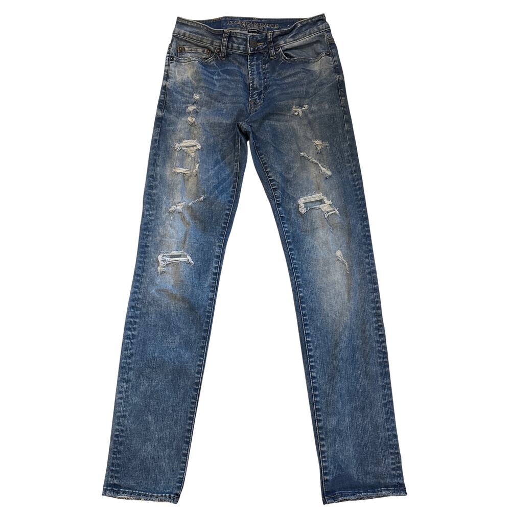 American Eagle Jeans Mens Sz 28x32 Blue Jean Slim Tapered Leg Stretch Distressed